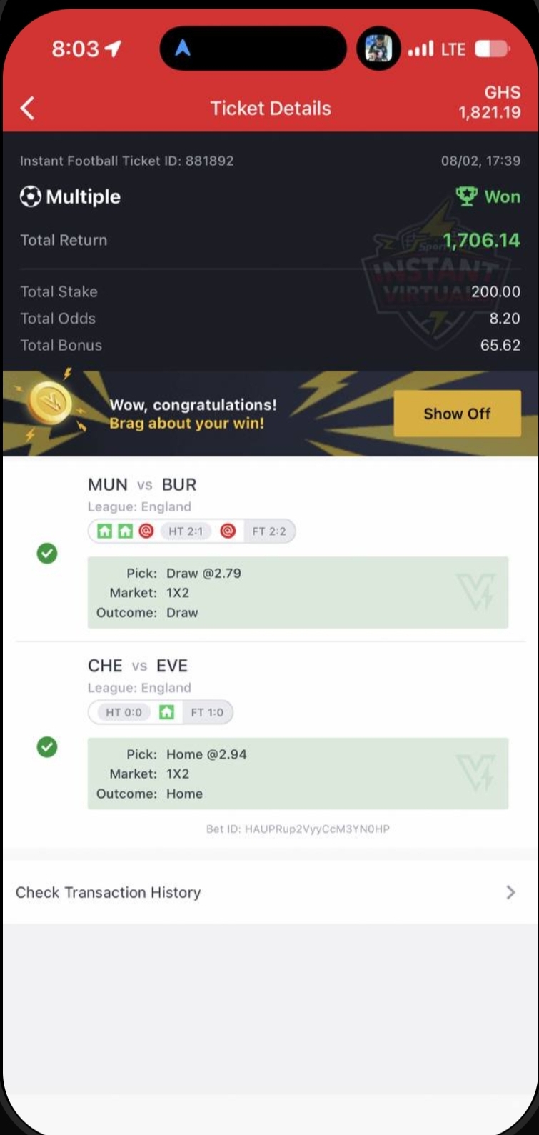 SportyBet Instant Football ticket won: GHS 1,706.14 return from a GHS 200 stake